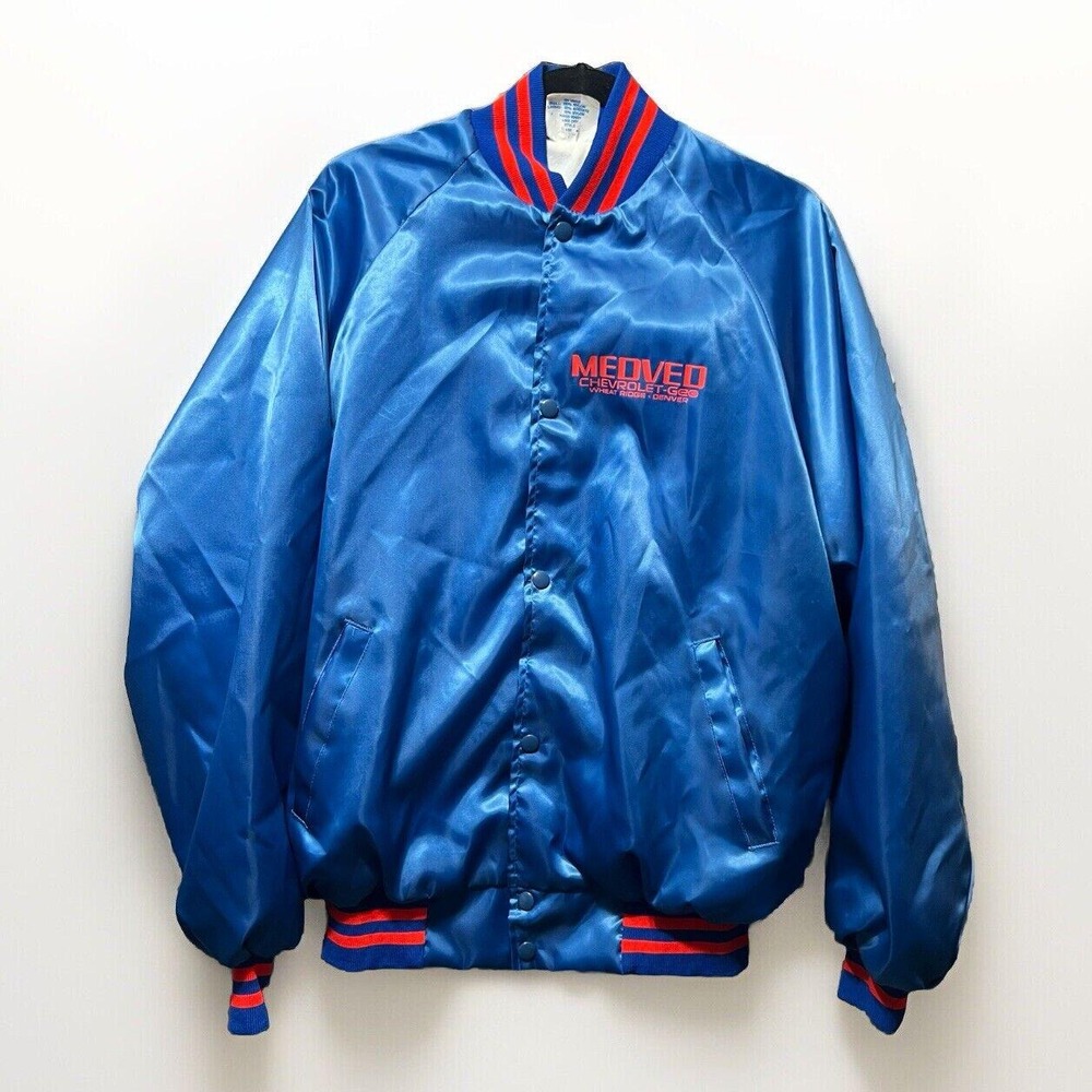 Vintage Chevrolet Geo XL Satin Bomber Jacket 80s Blue Red